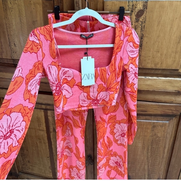 Zara Pink Orange Floral Print Jacquard Crop Top Pants 2 Piece Set small - Picture 8 of 14